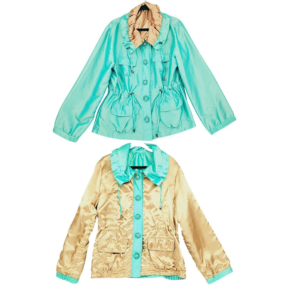 UBU Reversible Jacket L Womens Teal Gold Ruffle Collar Satin Retro 80s Pockets